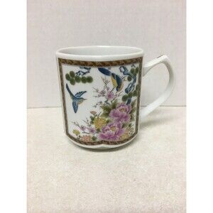 Vintage Homco Ceramic Hexagon Porcelain Cup Floral Birds￼ Made In Japan 3.5"H